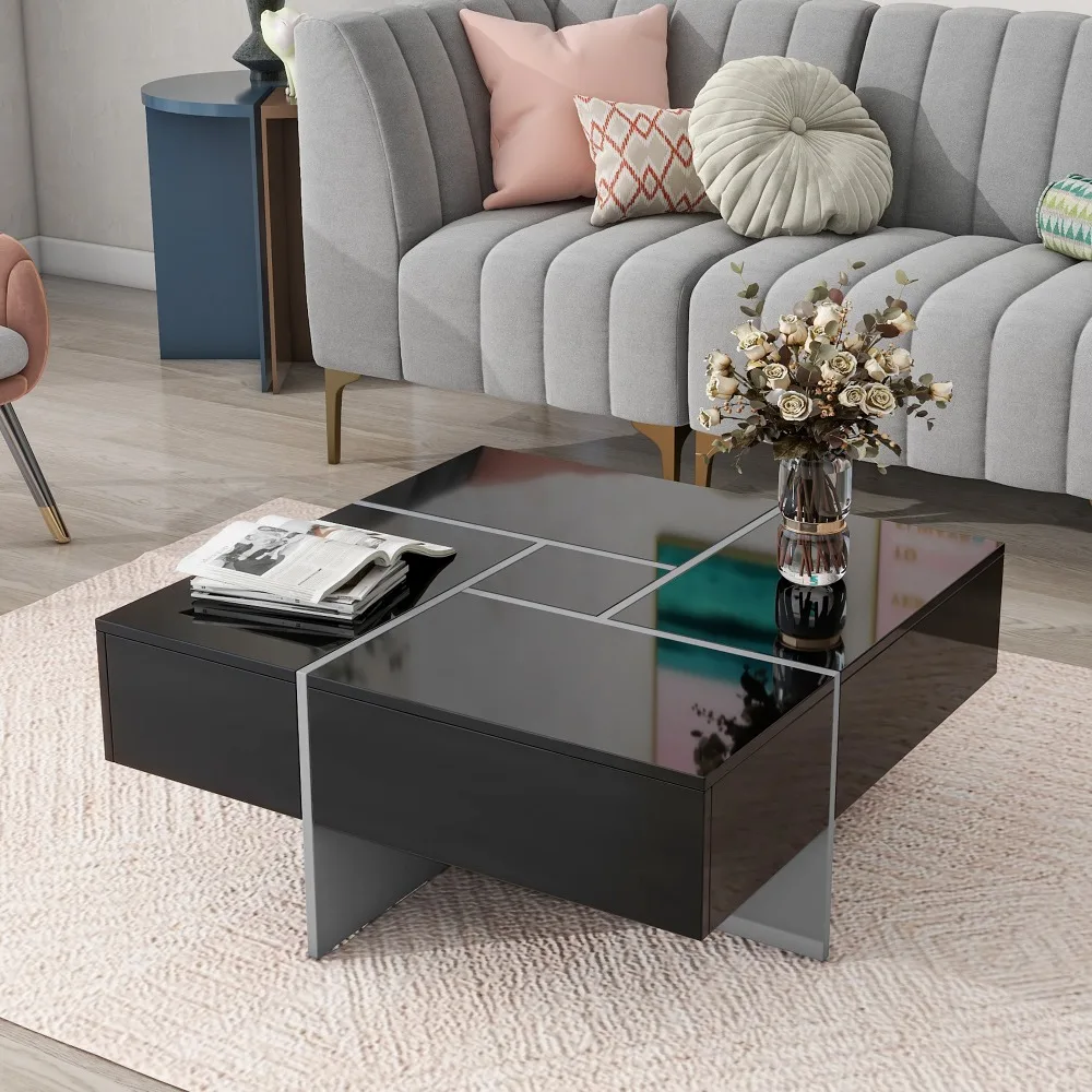 Coffee Table with 4 Hidden Storage Compartments, Table with Extendable Sliding Tabletop, UV High-gloss Design Center Table 6