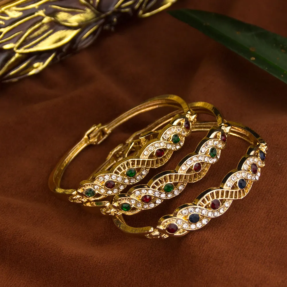 Gold Color Arabic Cuff Bracelet for Women Algeria Morocco Bride Wedding Jewelry DuBai Rhinestone Thin Bangles