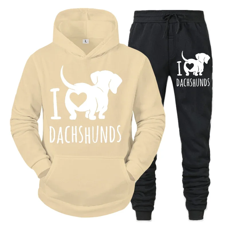 thumbnail image 1 of Trajes para hombre con estampado de "I Love Dachshunds", sudaderas con capucha y pantalones con letras de animales divertidos, conjuntos de 2 piezas, sudaderas casuales para amantes de los perros salc, 1 of 5