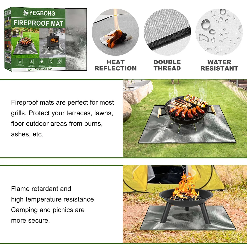 100cmx100cm Fireproof Mat Heat Resistant Fire Retardant Base Pad 3 Layers Large Fire Pit Mat for Grass Outdoor for Deck Patio