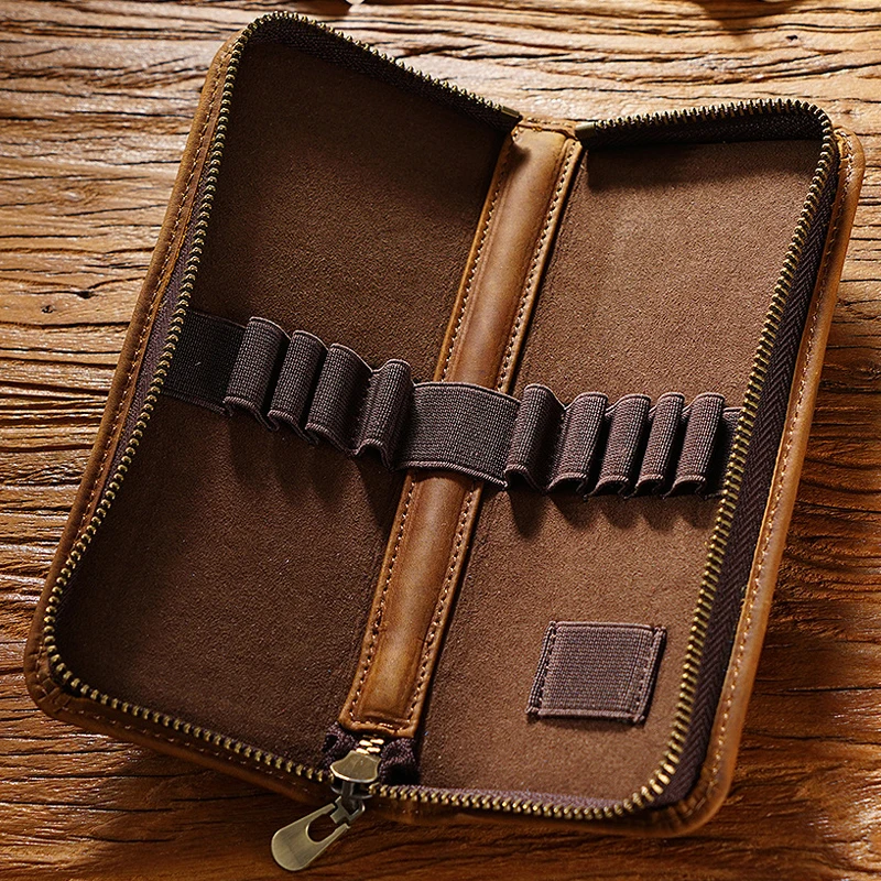 

Handmade Genuine Leather Pencil Case Pen Hold Holder Zipper Nature Cowhide Stationery Storage Bag Pencilcase School Office Tools