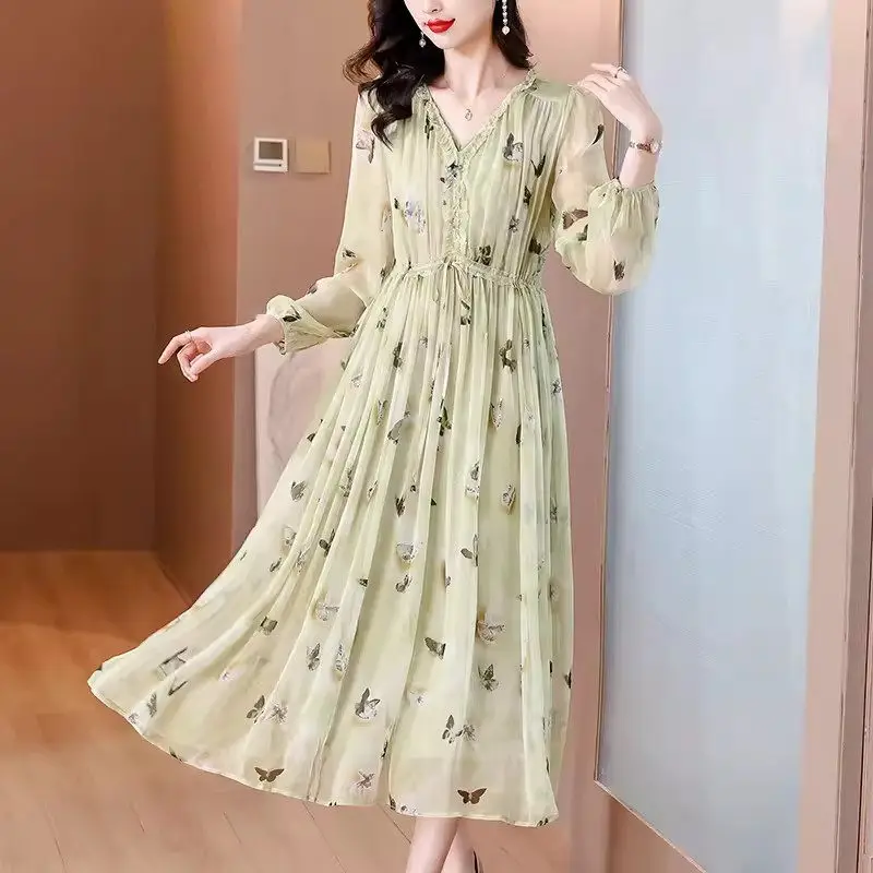 

Mom's Summer Clothing 2024 New Elegant Fashionab V-Neck Long Sleeve Large Size Loose Floral Chiffon Dress Midi Vestidos k1295