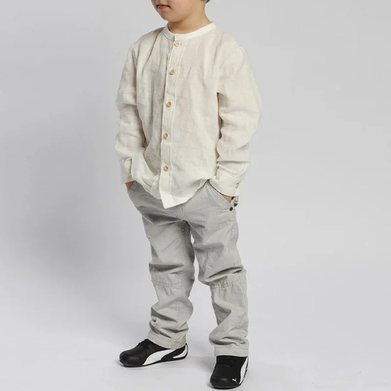 Retro Linen Long Sleeves White Shirt With Wooden Buttons For Boys Spring New Toddler Kids Casual Cotton And Linen Shirts TZ428