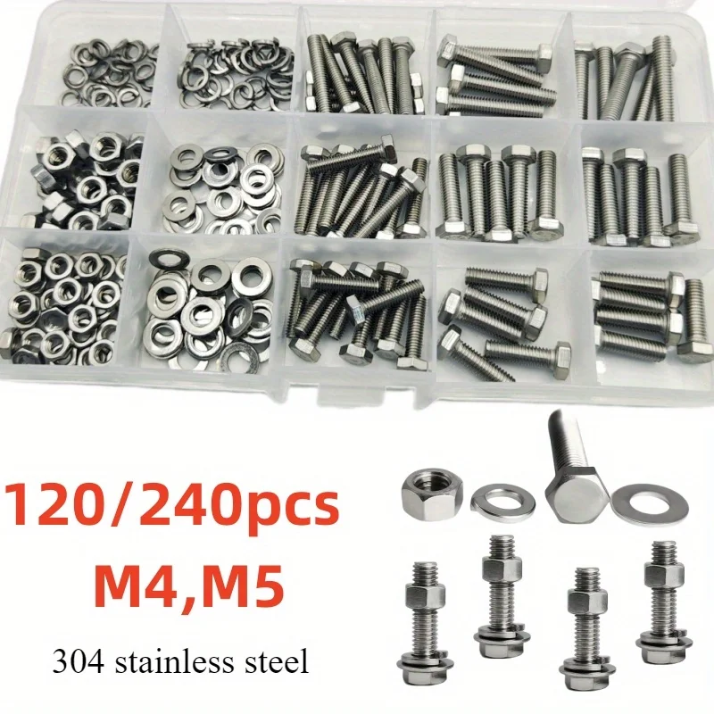 Stainless Steel Hexagon Bolt and Nut Set 120/240-Piece M4/M5 Size