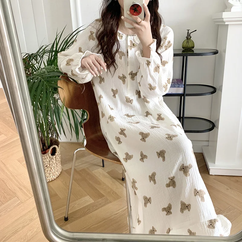 Bear Cartoon Print Summer Nightgown Korean Soft Cotton Long Sleepwear Short Sleeve Ruffles Nightdress Buttons Kawaii Homewear women nightgowns women nightdresses sleeping dress