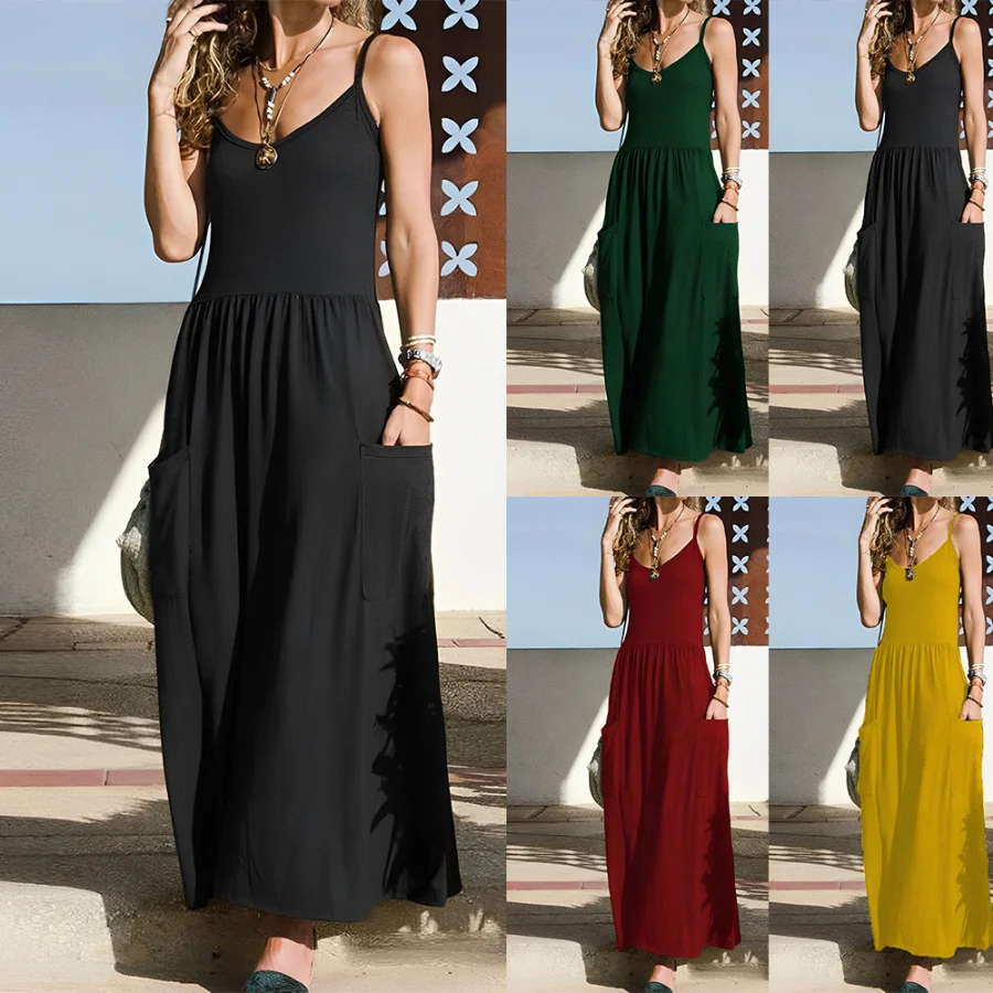 

New 2023 Summer Suspender Dress Women Solid Casual Large Maxi Dress Beach Dress Pocket Pleated Soft Dresses Vestidos De Fiesta