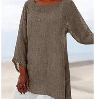 Hot Blouse Women Solid Color Cotton Linen O-Neck Long Sleeve Irregular Tunic Top Spring Summer Oversized Shirts - Image 4