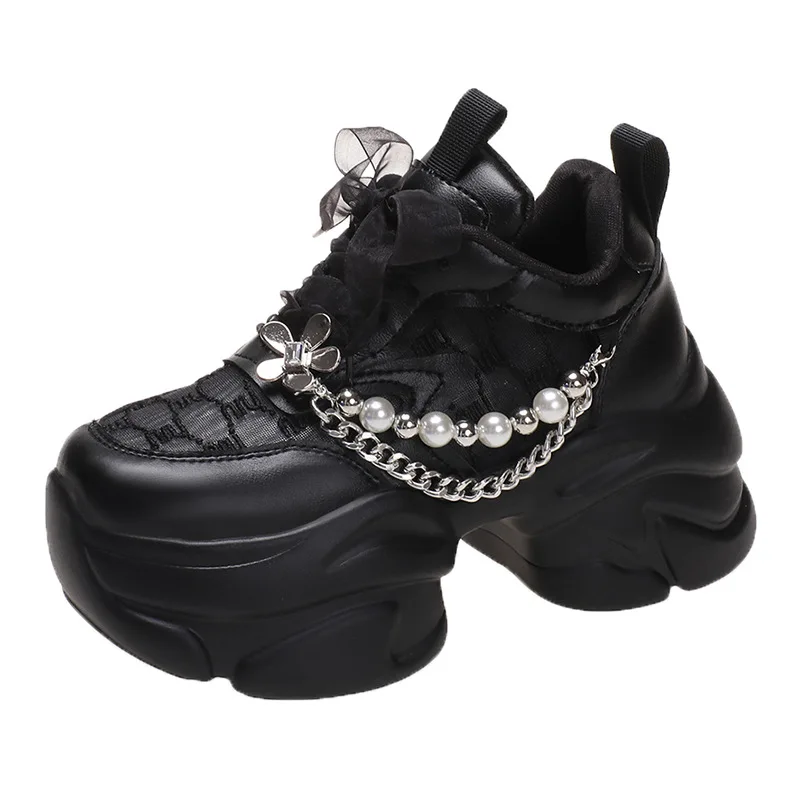 Black Women Chunky Leather Sneakers High Platform Ulzzang