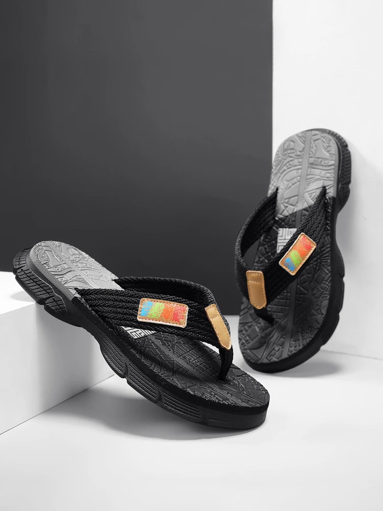 Men’s flip - flops, featuring a knitted upper with a colorful label, a two - colored sole, simple and stylish, in a casual style - 6