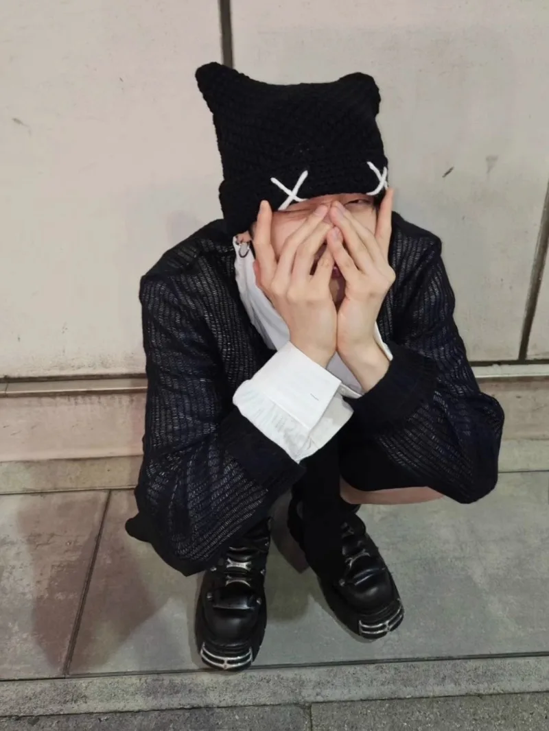 Y2k Devil Cat Ear Knitted Women's Hats Autumn and Winter