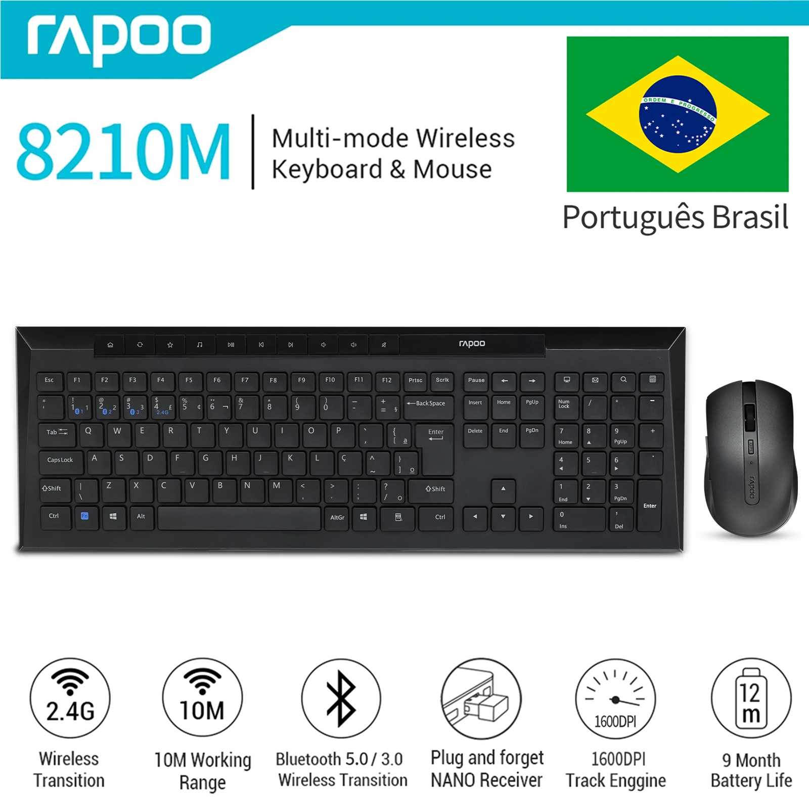 Rapoo-kit de Teclado e Mouse sem Fio Multi-device Bluetooth Cor Preta Teclas Multimídia Português Brasil Abnt2 8210m