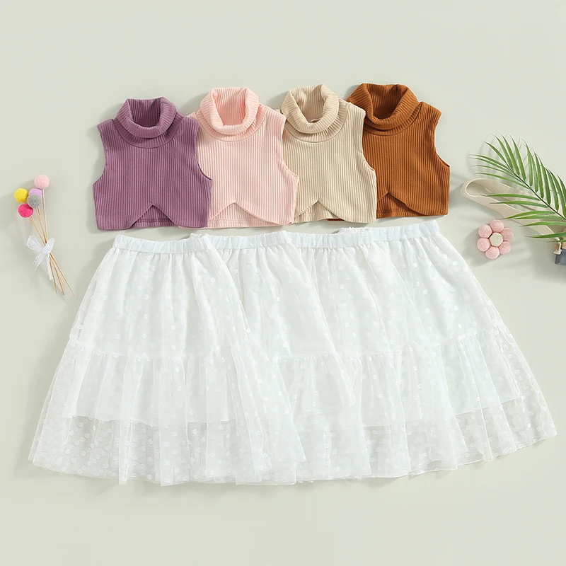 

2023-04-20 Lioraitiin 0-5Years Kids Girl Summer Outfit Turtleneck Ribbed Sleeveless Tank Tops Dot Print Mesh Skirt Set