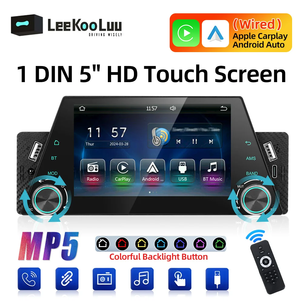 

LeeKooLuu 1 Din 5" Touch Screen Universal 1Din Car MP5 Centeral Multimedia Player Bluetooth FM Radio Carplay/Android Auto USB