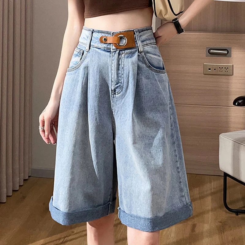 Denim five-point shorts women's summer 2023 thin loose  high waist thin curly wide leg five-point pants straight pants women