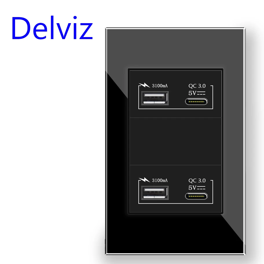 Delviz 2A2C Quick charge port, White/Black Toughening Crystal Glass Panel 120mm*72mm, Brazil standard 18W Type C USB Wall Socket