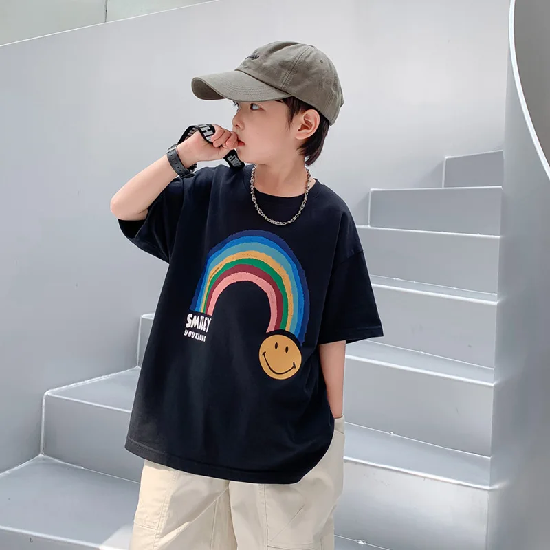 

Fashion Brand Loose Rainbow Half Sleeve Children's CottonTSummer T-shirt2024New Boys' Short SleeveTT-shirt Middle and Big Childr