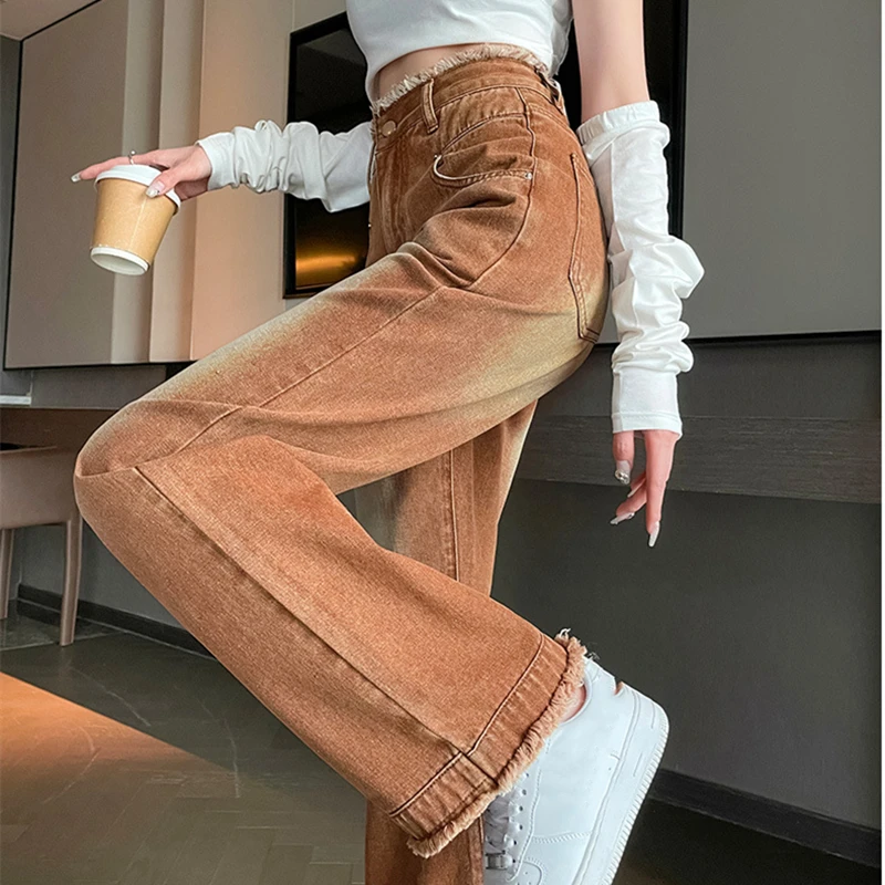 

Loose Wide-Leg Jeans for Women New Spring and Autumn High Waist Petite Brown Straight Mop Trousers with Frayed Edges