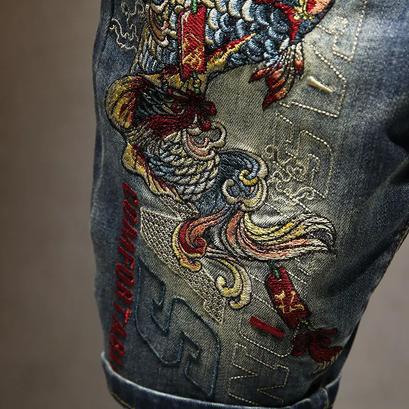 High-End Embroidery TrendinsFifth Jeans Men's Summer Fashion Personality Street Handsome Slim-Fitting Stretch Pirate Shorts