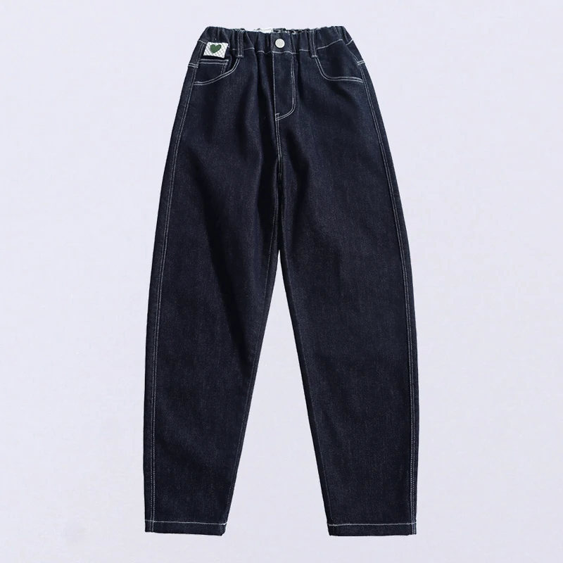 

Girls Contrast Stitch Harem Denim Jeans Casual Bottoms 6-14 Years Korean Trousers Autumn Teen Elastic Waist Denim Pants Clothing