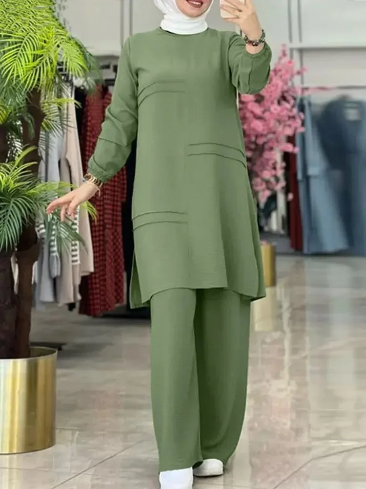 Ramadan two-piece sets women's shirt dress and pants Muslim outfits shirt blouse Moroccan caftan Islamic dress