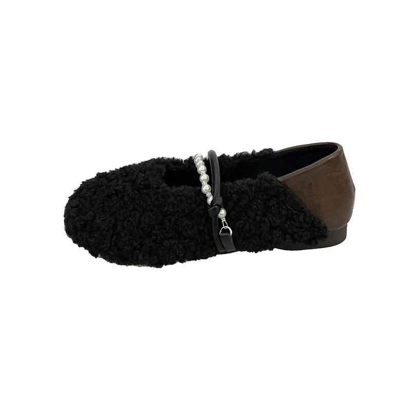 Women's Elegant Warm Shallow Mouth Casual Hairy Flats  Winter Fashion Versatile Soft Soled Comfortable Plush Mary Jane Shoes