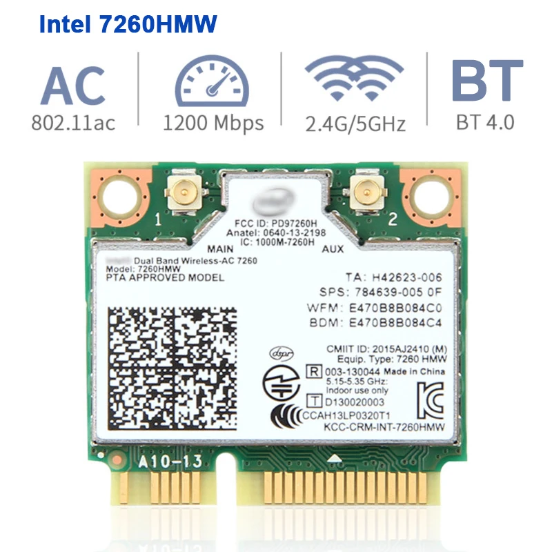 

300 Мбит/с Intel 7260 7260HMWBN беспроводная сеть PCI-E карта 802.11bgn Wifi + Bluetooth 4,0 Половина Мини Wlan адаптер для Dell Asus