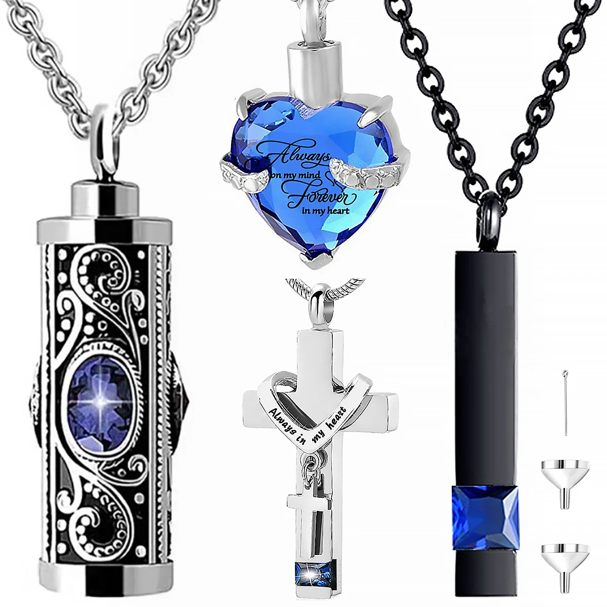 

4Pcs Pet Urns Necklace Stainless Steel Cremation Jewelry Heart Cylindrical Cross Rectangular Ashes Keepsake Dog Memorial Pendant