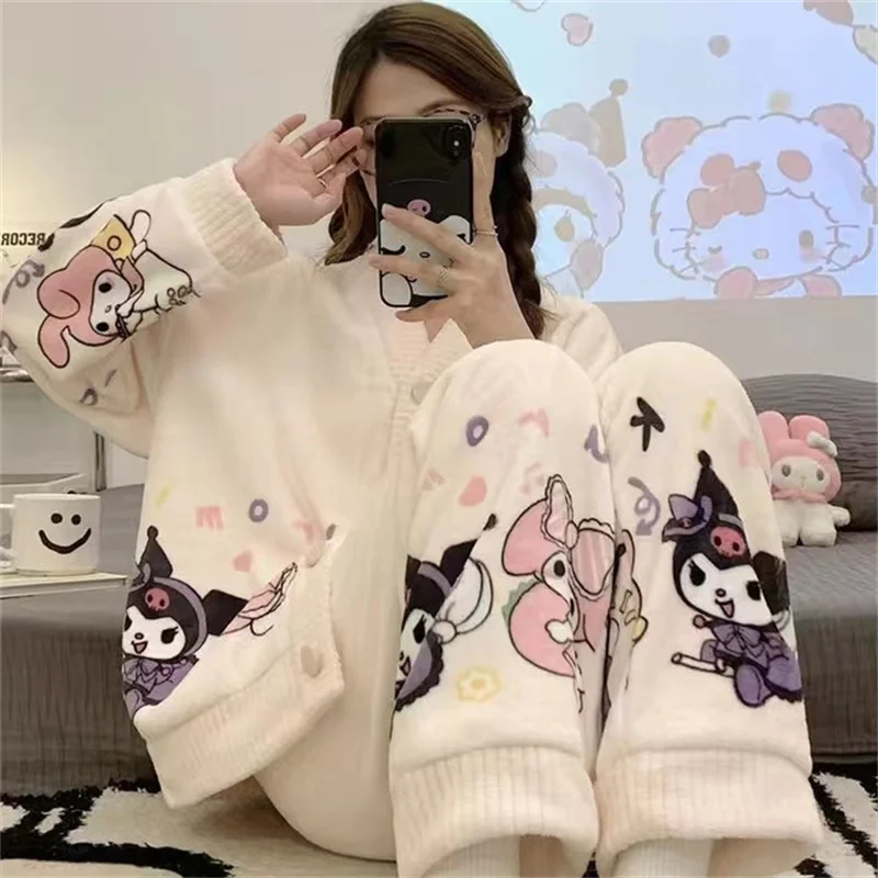 Cute Hello Kitty Kawaii Clothes Kuromi My Melody Cinnamoroll Flannel Pullover Warm Thick Pajamas Homewear Girl images - 6