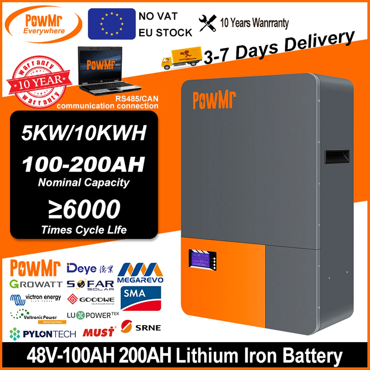 Powmr Powerwall 48V 100Ah 200Ah Lifepo4 Batteria 48V 5Kwh 10Kwh Batteria Al Litio Ferro 6000 + Cicli Di Vita Sistema Bms Eu Stock