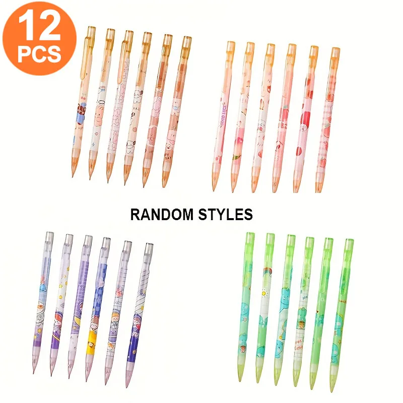 Set of 12 Patterned Mechanical Pencils with Erasers, Ideal for Office, Drawing, and Note-Taking