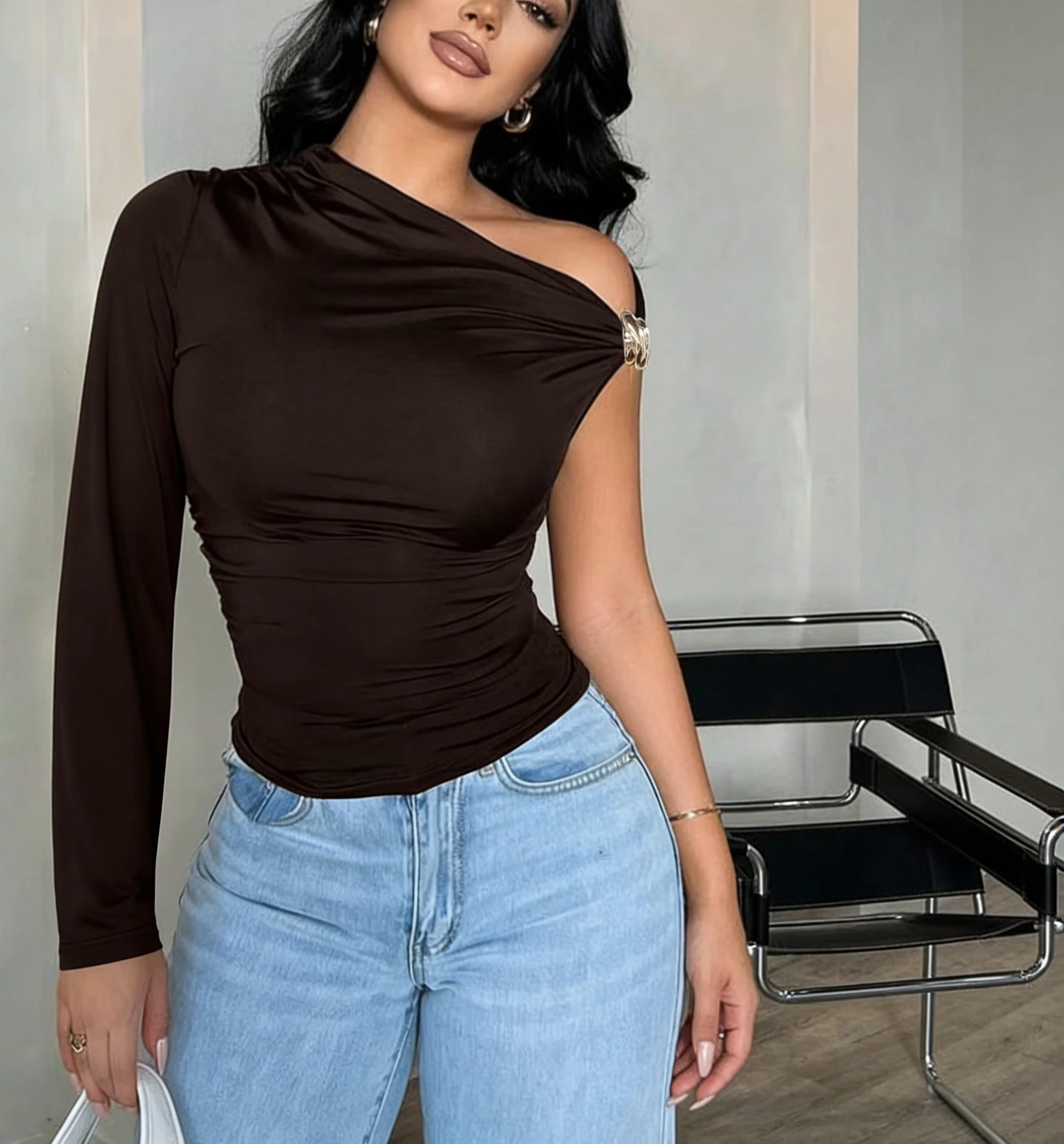 Women's Brown One Shoulder Top Single Long Sleeve Metal Buckle Detail Slim Fit Sexy Elegant Spring Summer Party Date Blouse Top 6
