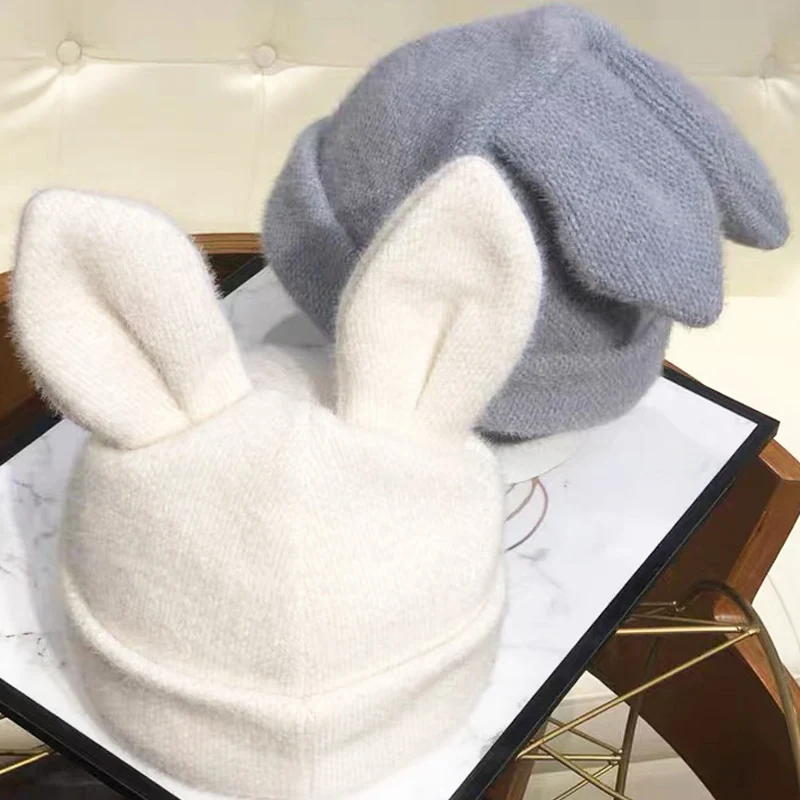 

New Cute Rabbit Ears Hat Women Autumn Winter Knitted Soft Wool Hats Winter Keep Warm Beanies Caps Girl 's Fashion Skullies Cap