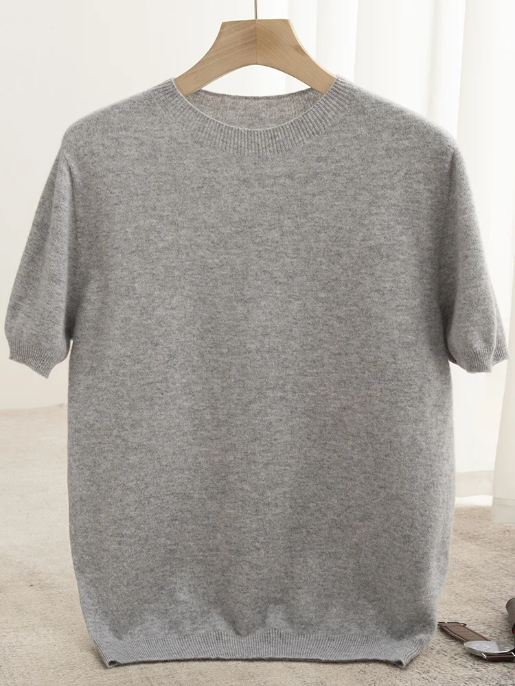 Men Classical T-shirt 100% Merino Wool Sweater O-neck Short Sleeve Pullover Smart Casual Basic Clothing Cashmere Knitwear Tops