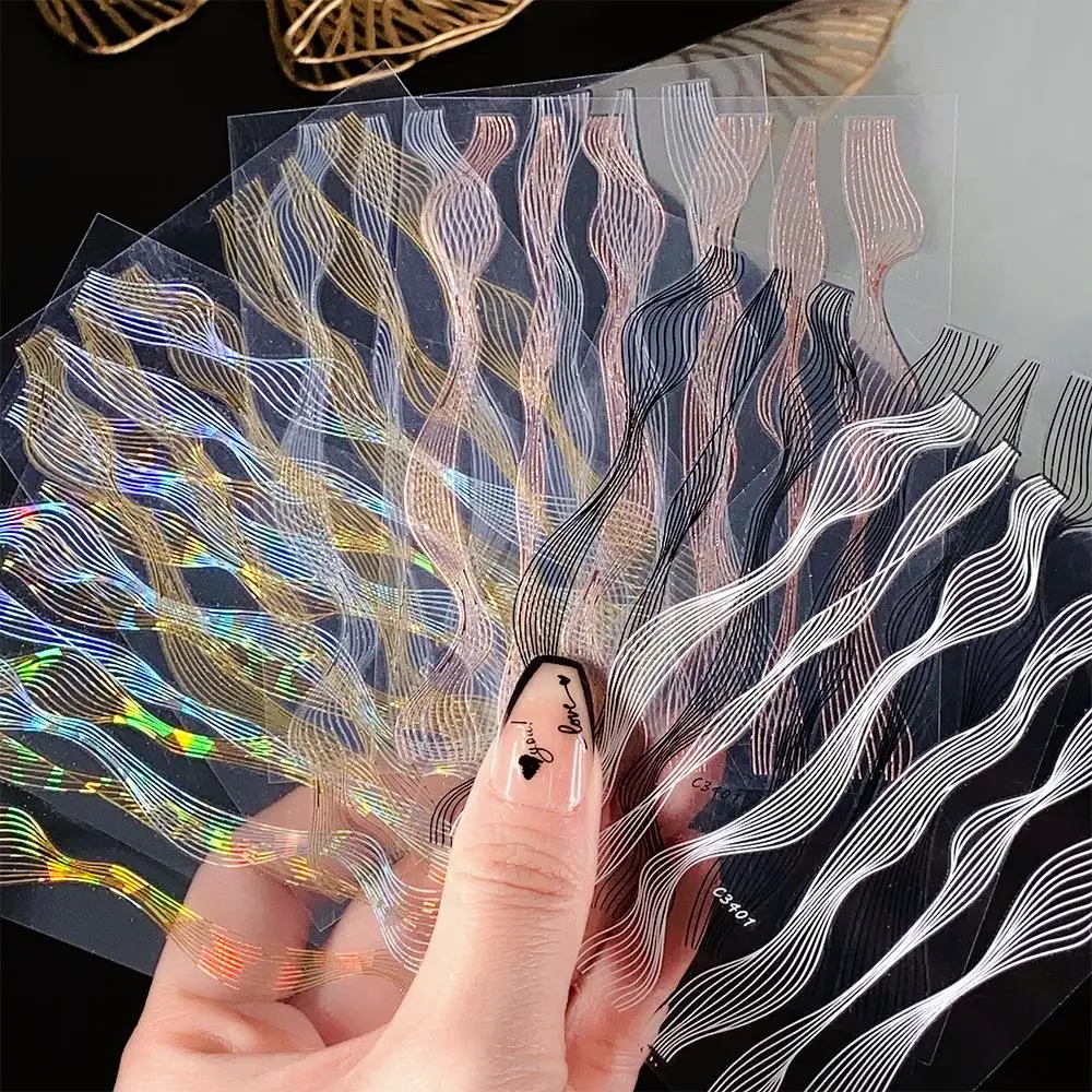 

1 Sheet Gold Sliver Striping Lines Nail Art Stickers French Gold Metal Lines Stripe Nail Sliders 3D Geometry Lines Nail Decal