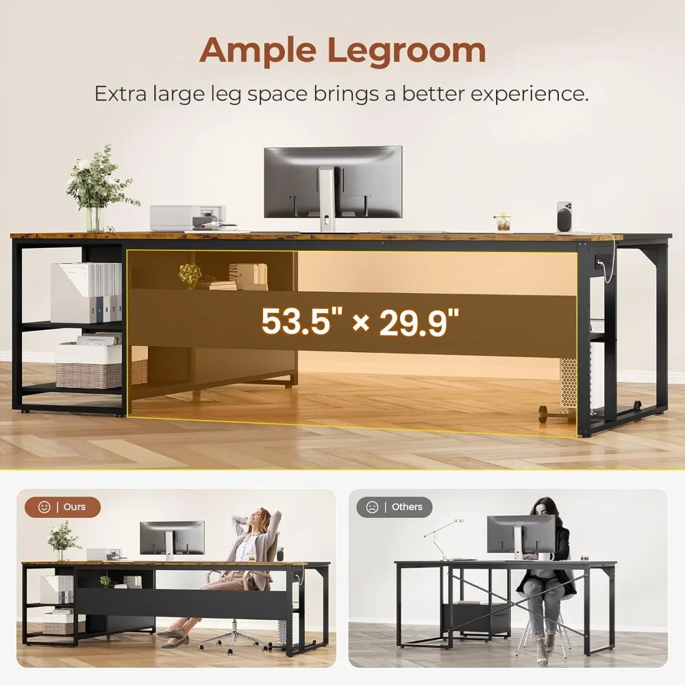71" Executive Desk, Large Office Desk, Widen File Drawers, Power Outlets, Reversible L Shaped, Corner Desk, Storage Shelves 5