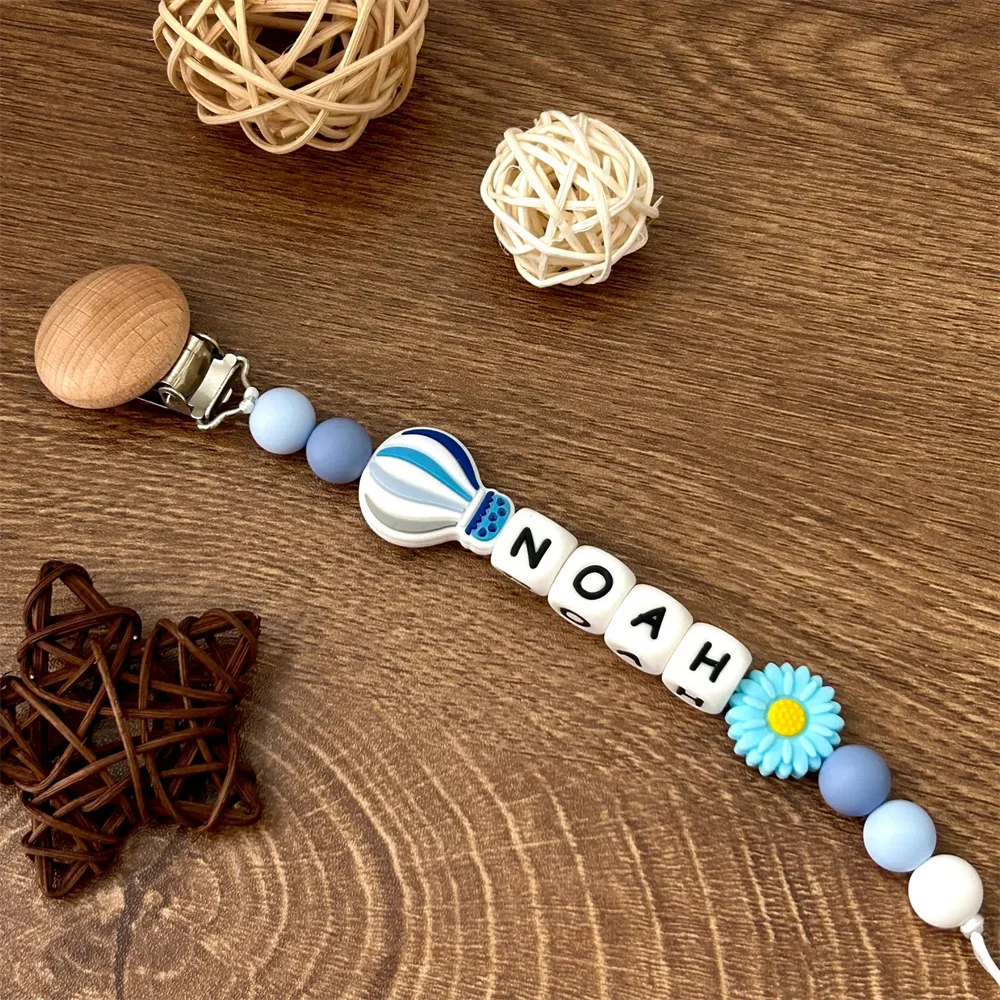 Custom Name Pacifier Chain – Adorable Hot Air Balloon & Flower Charms