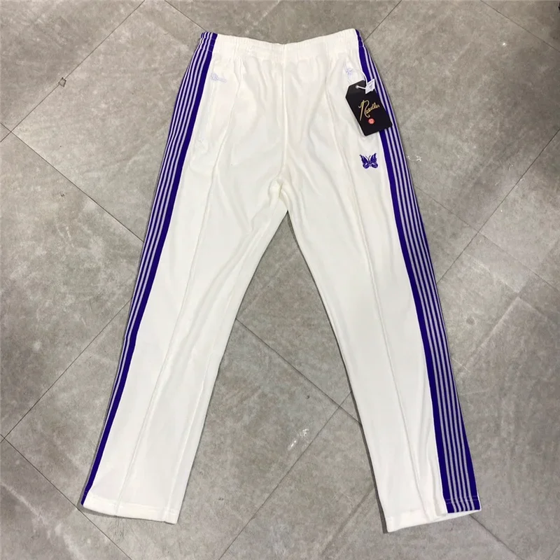 

High quality cotton casual Men Women High Quality Velvet Butterfly Embroidered Logo High Street Trousers White Needles Pants