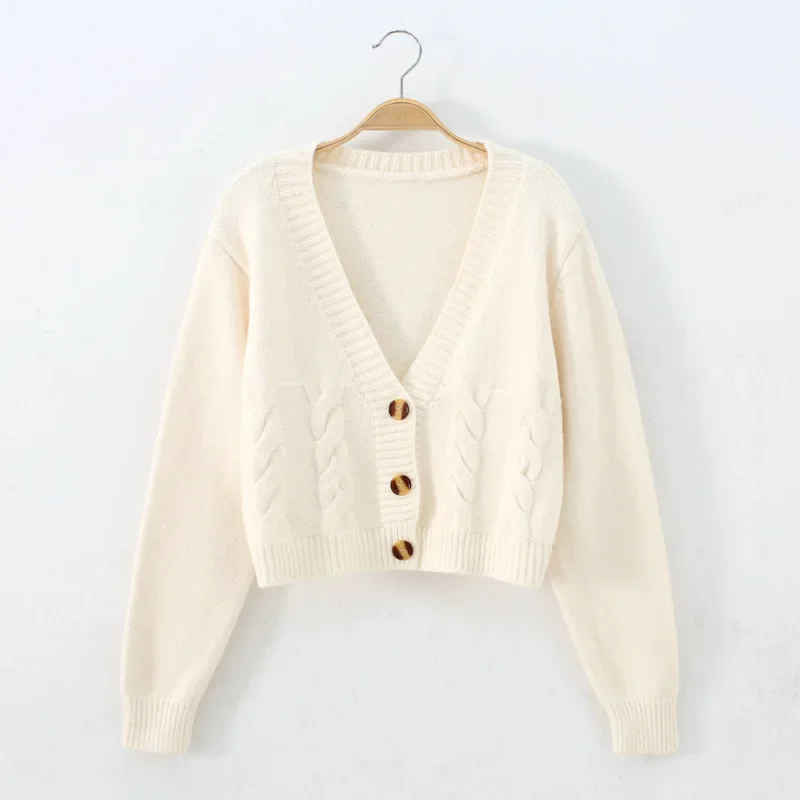 V Neck Cropped Cardigan Women Long Sleeve Twist Knitted Sweater Coats Autumn Winter Keep Warm Korean Fashion Jacket Cardigan 2
