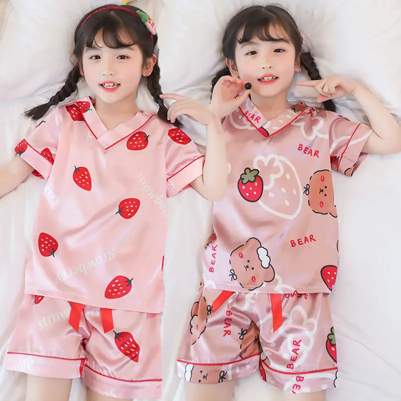 

Summer Girls Boys Satin Pajamas Silk Satin Ice Silk Thin Air Conditioning Tops Pants Cartoon Sleepwear Clothes For Teens Kids