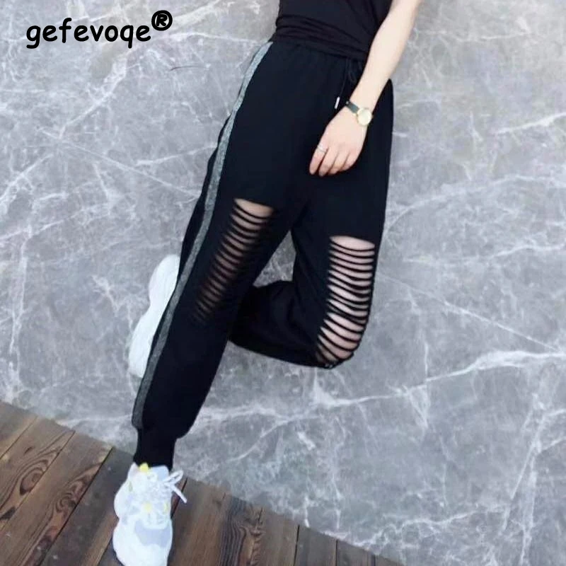 Women Summer Trendy Hollow Bright Silk Casual Streetwear Harem Pants Female Black Loose Sports Joggers Sweatpants Y2K Pantalones vintage bright line jeans women high waist harem pants female korean fashion zipper fly two buttons boot pants mom denim jeans