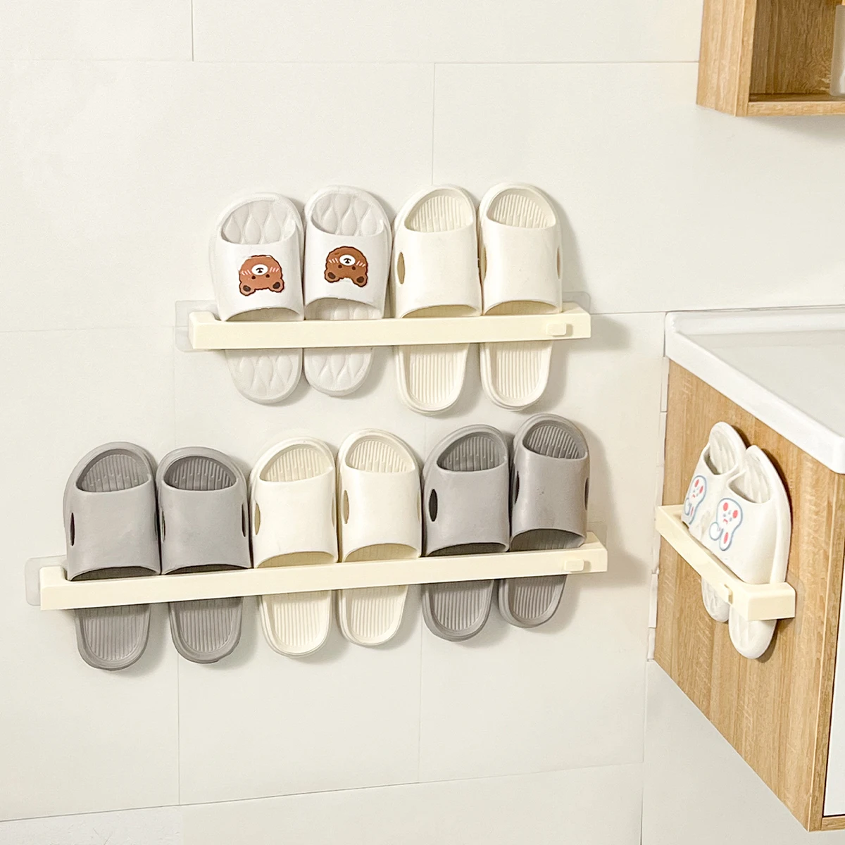 WORTHBUY No Punching Wall-mounted Shoes Rack Self-adhesive Plastic Storage Rack For Slippers Bathroom Shoes Organizer Holder