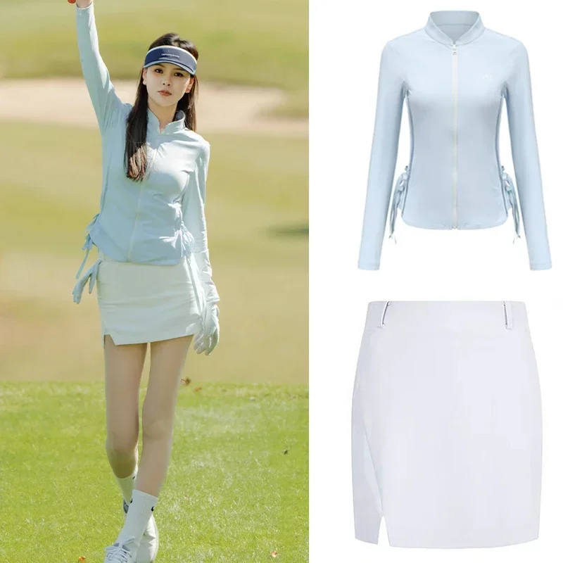 

Women's Golf Apparel Summer and Autumn and Winter New Warm Top Clothing Outdoor Sports Fast Drying Slim Top with White Skirt