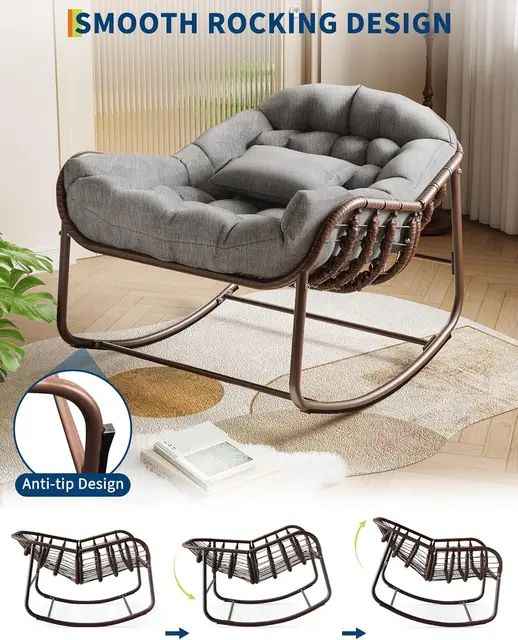 Oversized Rocking Chair,Wicker Rattan Relax Chair with Water-Resistant Cushion Sturdy Metal Frame for Sensory Comfort