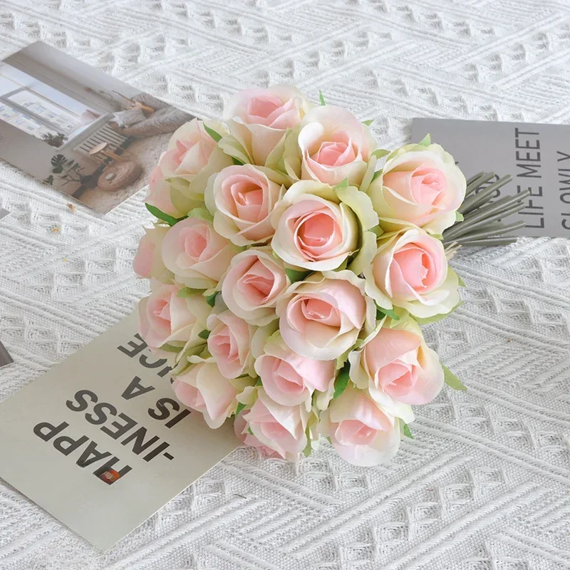 22 Small Rose Buds Artificial Roses Bundles of Silk Flowers Wedding Brides Hand-held Flowers Home Decoration