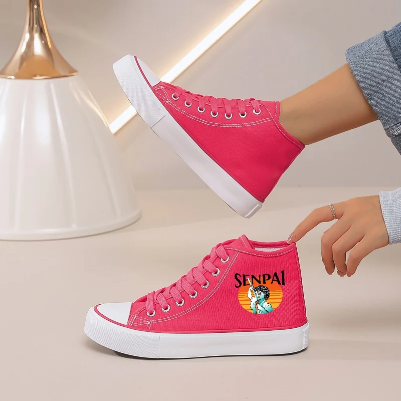 Women's Rose Red High-Top Canvas Sneakers: Lace-Up Flat with 'Senpai' Graphic. Perfect for Casual, Campus & Daily Outfits.