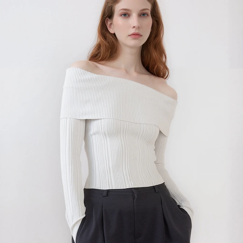 Autumn and Winter New Long-sleeved Shoulder Women's Sexy Slim-fit Sweater Elegant Knitwear Solid-color Blouse