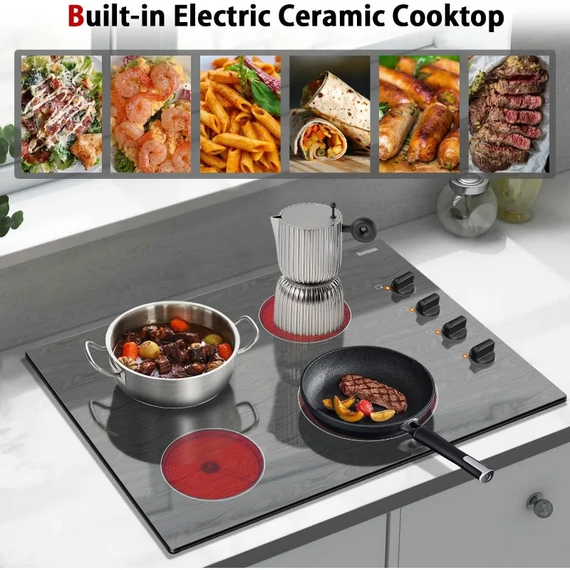 Karinear 30 Inch 4 Burners Electric Cooktop,Knob Control Electric Stove Glass Cooktop with Beautiful Wooden Pattern,30" Built-in