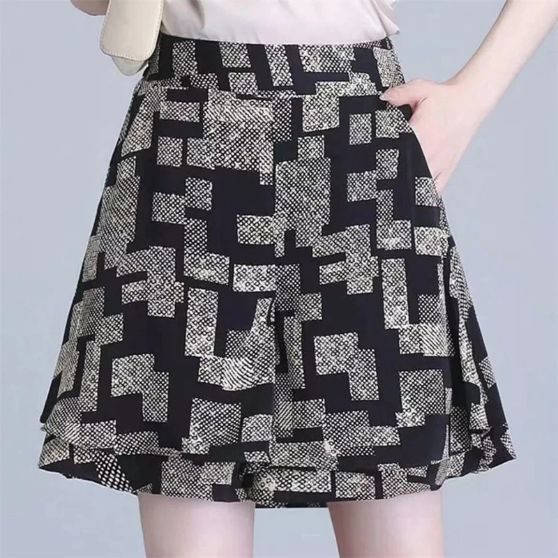 Women Korean Fashion Print High Waist Elegant Wide Leg Short Pants Summer Female Casual Loose Pocket Irregular Shorts Ropa Mujer