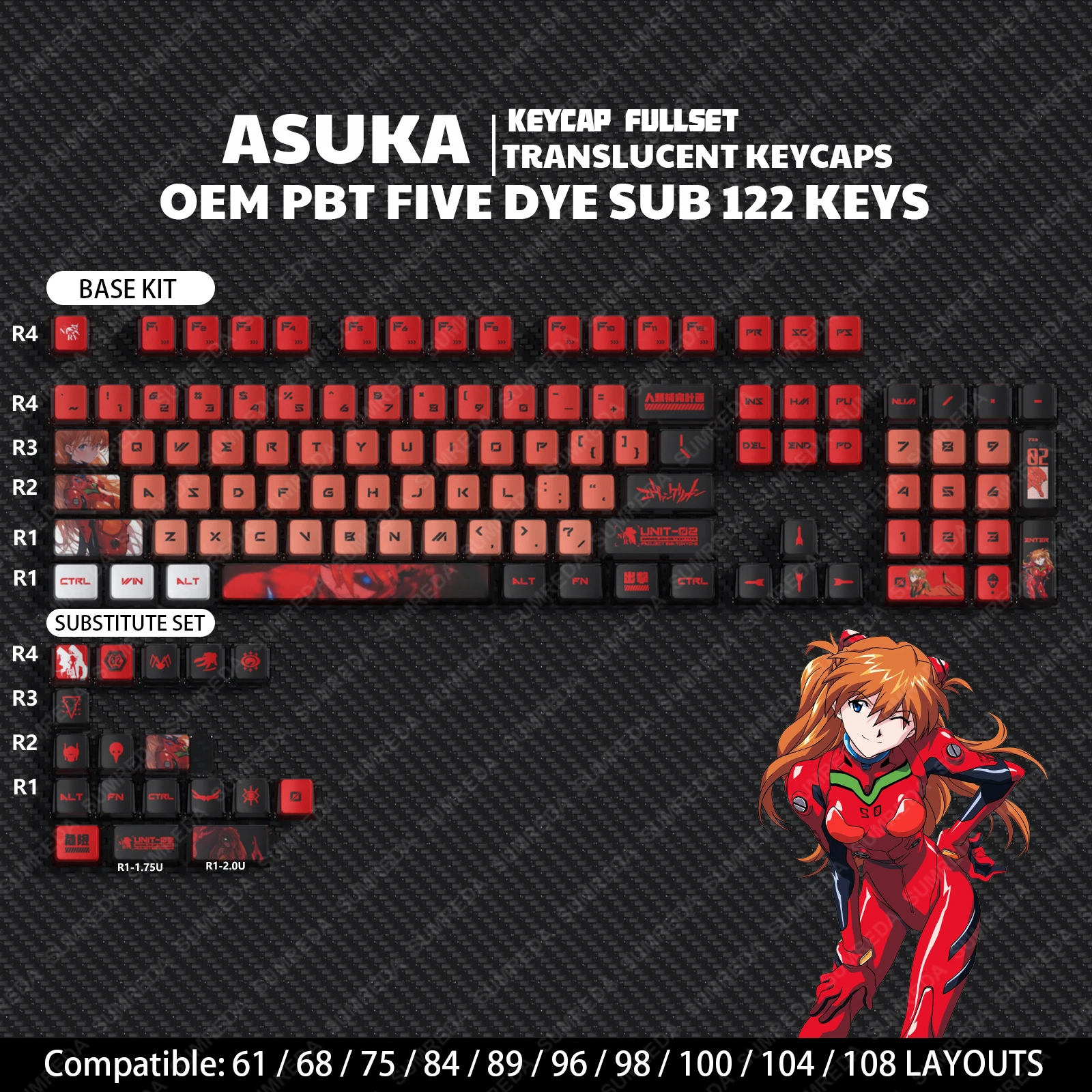 Asuka Desenhos Animados Keycaps Pbt Dye Sub Pudim Perfil Oem Keycaps Translúcidos Retroiluminados para Rainy75 Sugar65 Hi75 Hi8 Lucky65