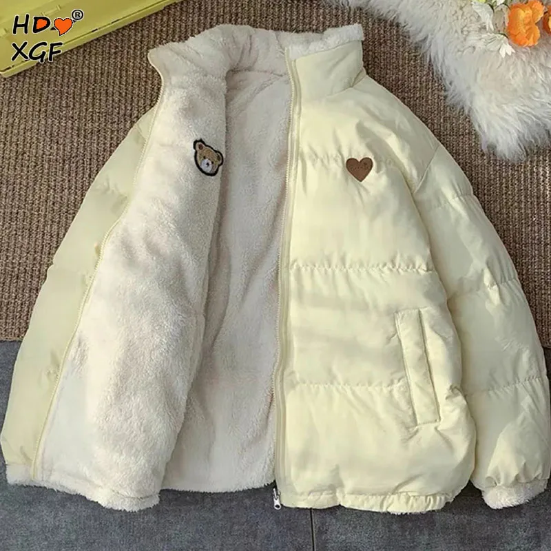 

Двухсторонняя одежда, утепленная бархатная милая куртка для женщин, зимняя однотонная куртка-пуховик на молнии, Повседневная Верхняя одежда в стиле Харадзюку